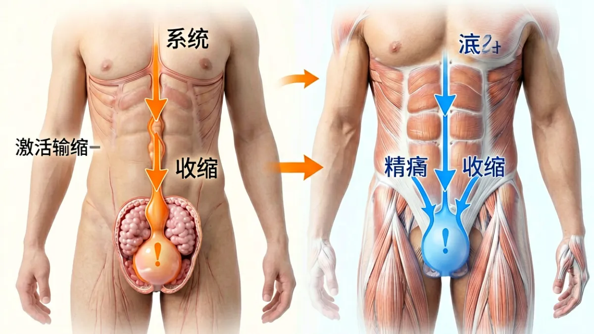 一幅图解射精两阶段神经调控机制的科普图表，左侧标注交感神经控制泄精，右侧标注躯体神经控制射出