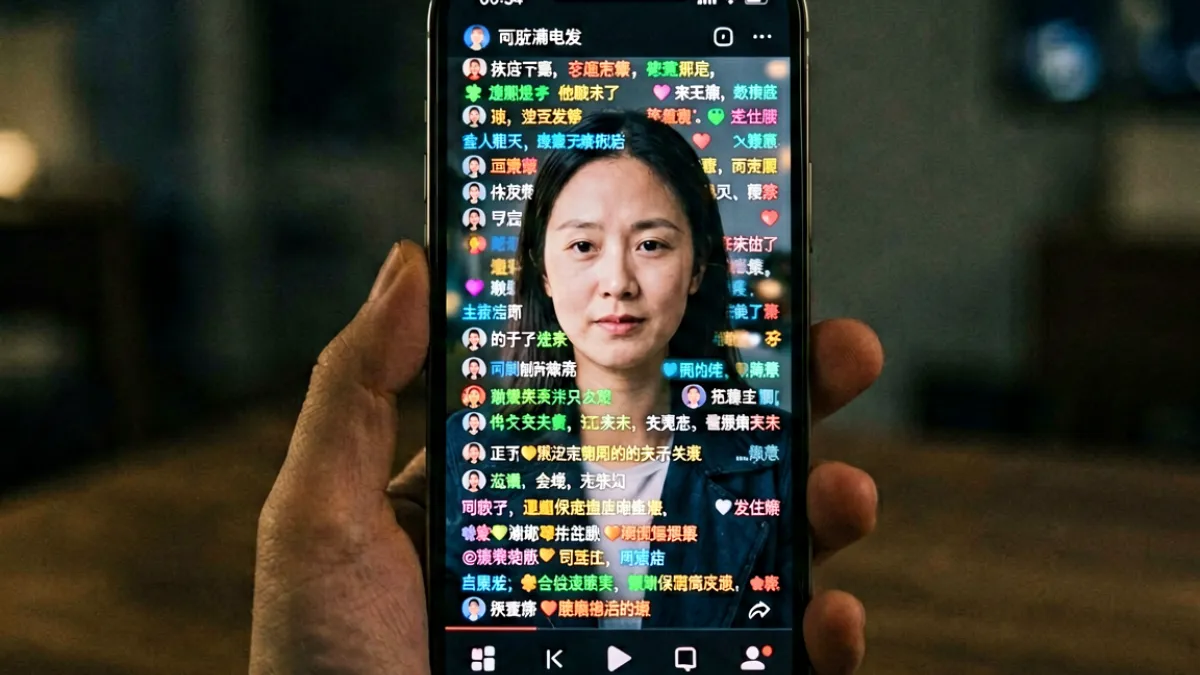 手机屏幕上显示视频播放界面与弹幕评论区，多条网友短评密集排列的特写画面